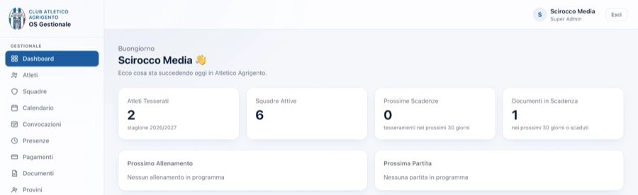 Dashboard del gestionale Club OS dell'Atletico Agrigento